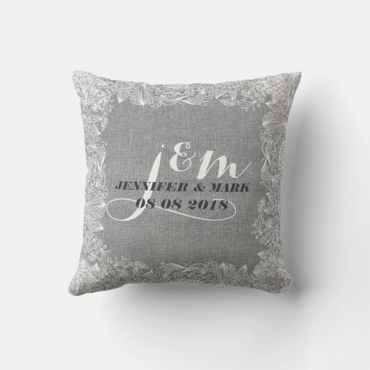 Grijs Linnen & Wit Kant 2 Huwelijkskussen Monogram Kussen (Achterkant)