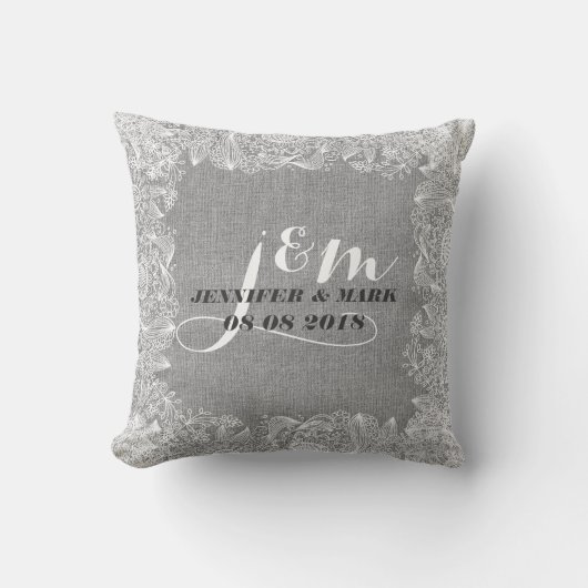 Grijs Linnen & Wit Kant 2 Huwelijkskussen Monogram Kussen (Voorkant)