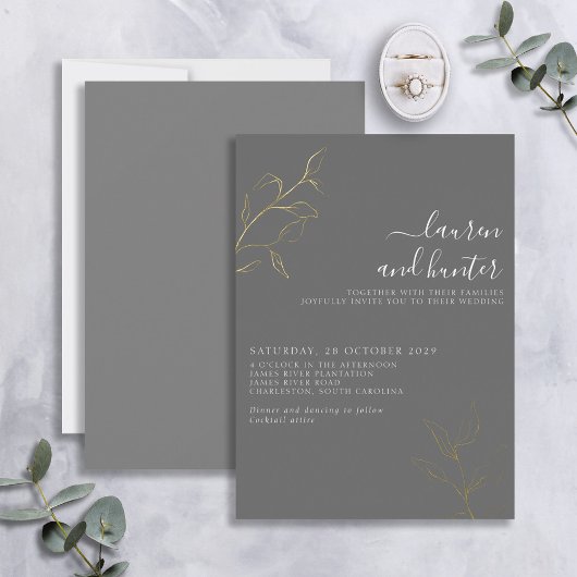 Grijs Manuscript Gold Botanical Wedding Folie Uitn Folie Uitnodiging