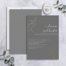 Grijs Manuscript Gold Botanical Wedding Folie Uitn Uitnodiging
