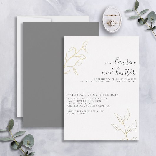 Grijs Manuscript Gold Botanical Wedding Folie Uitnodiging