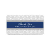 Grijs Marine Blauw Damast Bruiloft Labels (Voorkant)