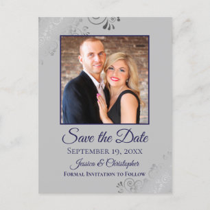 Grijs & Marine Blauw Lacy Bruiloft Save the Date F Aankondigingskaart