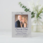 Grijs & Marine Blauw Lacy Bruiloft Save the Date F Aankondigingskaart (Staand voorkant)