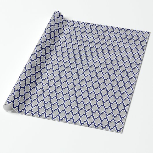 Grijs, marineblauw, Marokkaans Quatrefoil #4DS Cadeaupapier (Uitgerold)