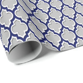 Grijs, marineblauw, Marokkaans Quatrefoil #4DS Cadeaupapier (Rol Hoek)