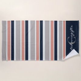Grijs marineblauw roze kuststrepen monogram strandlaken
