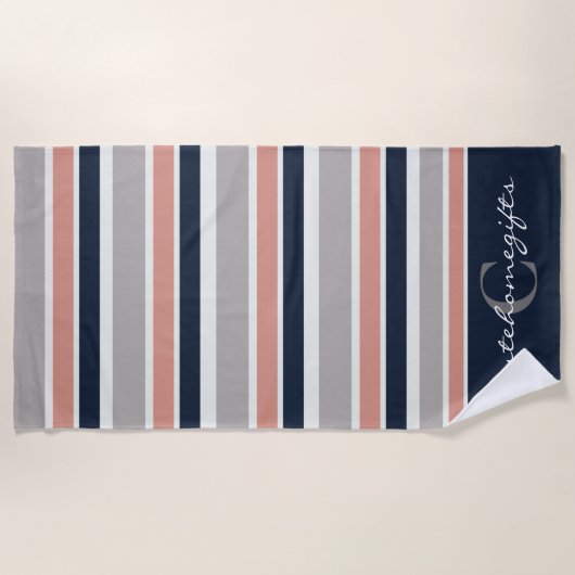 Grijs marineblauw roze kuststrepen monogram strandlaken (Voorkant)