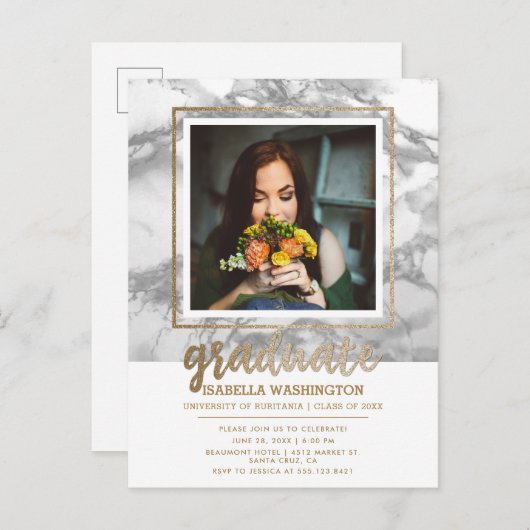 Grijs Marmer & Goud Glitter Script Foto Afstuderen Uitnodiging Briefkaart (Voorkant / Achterkant)