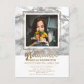 Grijs Marmer & Goud Glitter Script Foto Afstuderen Uitnodiging Briefkaart (Voorkant)