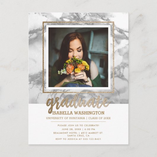 Grijs Marmer & Goud Glitter Script Foto Afstuderen Uitnodiging Briefkaart (Voorkant)