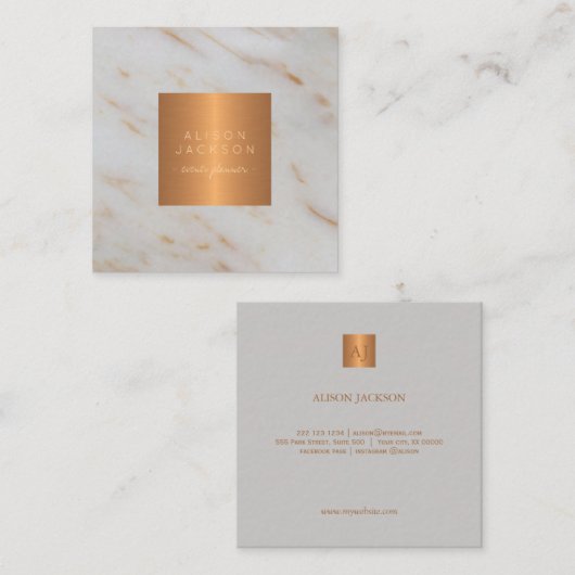 Grijs marmer metallic koper goud monogram vierkante visitekaartje (Voorkant / Achterkant)