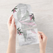 Grijs Marmer Tropisch Roze Philodendron All In One Uitnodiging (Afscheurbaar)