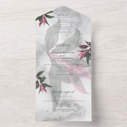 Grijs Marmer Tropisch Roze Philodendron All In One Uitnodiging (Binnen)