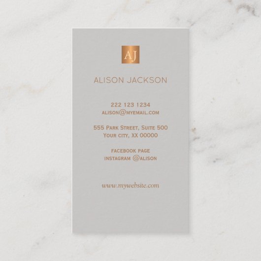 Grijs marmeren glam metallic koper monogram design visitekaartje (Achterkant)