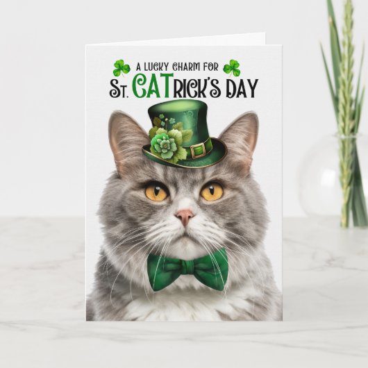 Grijs Marmeren Tabby Cat CATrick's Day Lucky Charm Feestdagen Kaart (Voorkant)