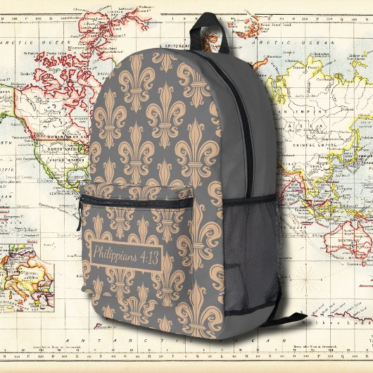 Grijs medaillon patroon met bijbelvers bedrukte rugzak