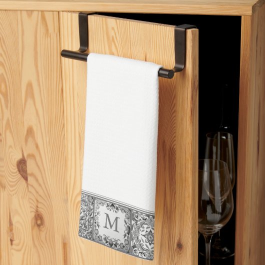 Grijs Mediterraan Tegel Persoonlijk Custom Monogra Theedoek (Derde Gevouwen)