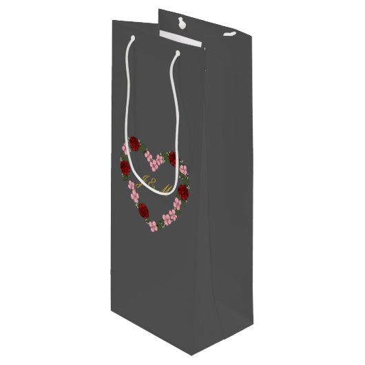 grijs met bloemenkrans wijn cadeautas (Voorkant Gekanteld)