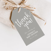 Grijs met de hand beletterd Baby shower dank u voo Cadeaulabel