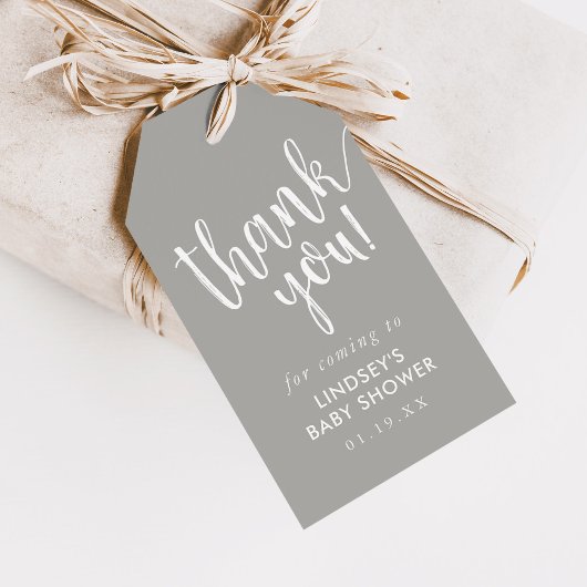 Grijs met de hand beletterd Baby shower dank u voo Cadeaulabel
