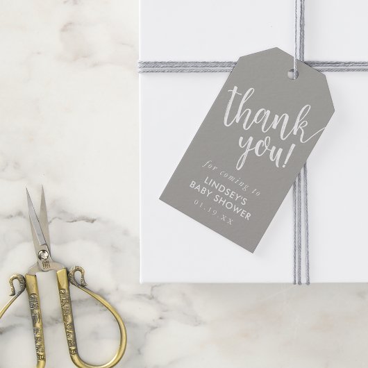 Grijs met de hand beletterd Baby shower dank u voo Cadeaulabel