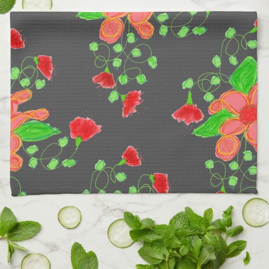 Grijs met rode bloem Stijlvolle handdoek (Gevouwen)