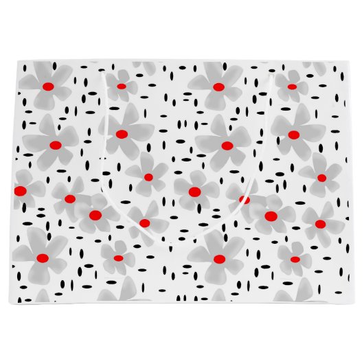 Grijs met rode bloemen op witte achtergrond retro groot cadeauzakje (Voorkant)