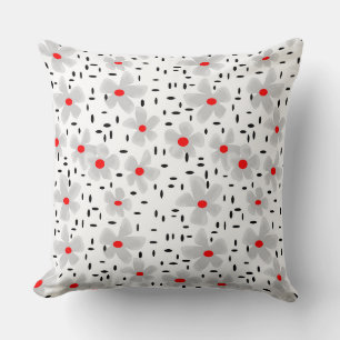 grijs met rode bloemen op witte achtergrond retro kussen