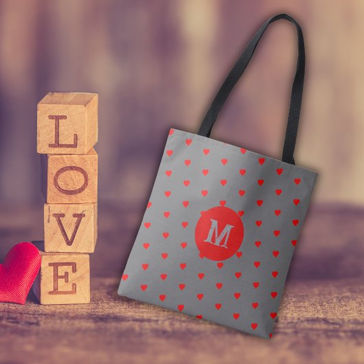 Grijs met rode harten Monogramed Letter Tote Bag