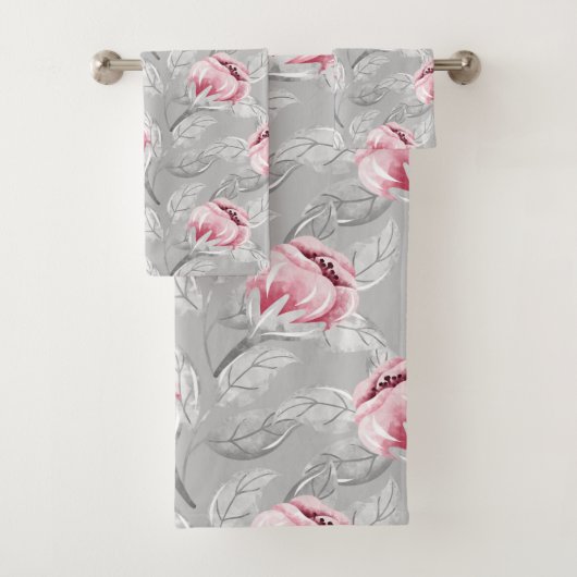 GRIJS MET ROZE BLOEMEN BADKAMER SET BAD HANDDOEK (Insitu)