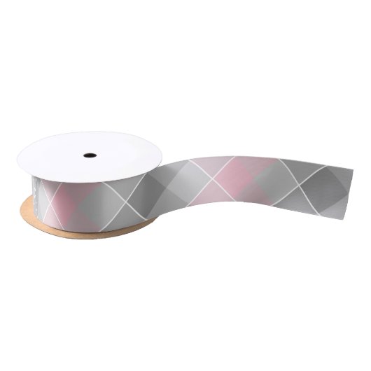 Grijs met roze diagonaal plaid satijnen lint (Spoel)