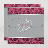 Grijs met roze rozen Monogrammed Invitation Kaart (Voorkant / Achterkant)