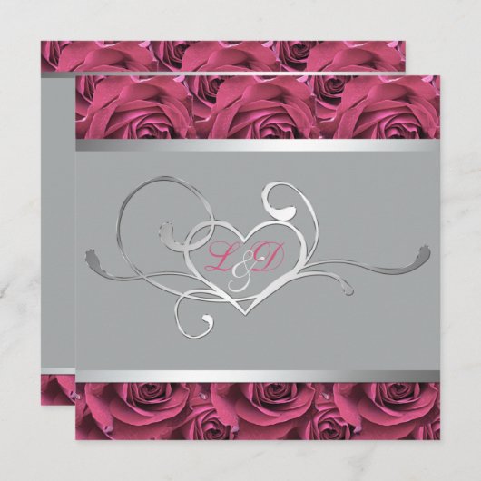 Grijs met roze rozen Monogrammed Invitation Kaart (Voorkant / Achterkant)