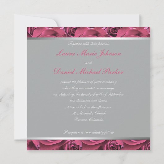 Grijs met roze rozen Monogrammed Invitation Kaart (Achterkant)