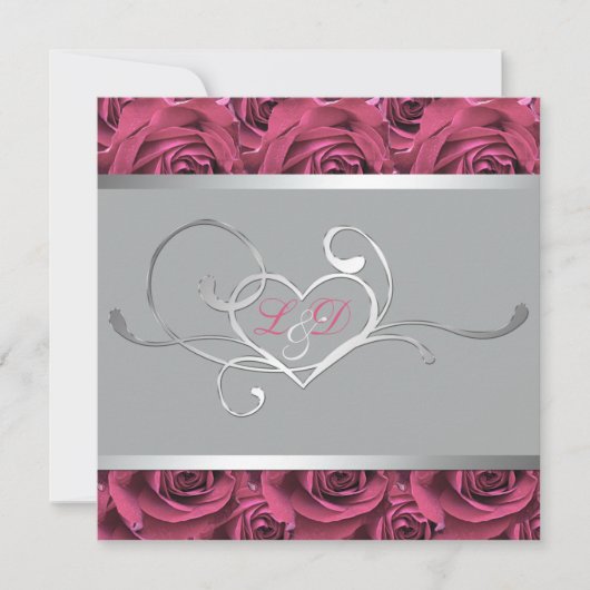 Grijs met roze rozen Monogrammed Invitation Kaart (Voorkant)