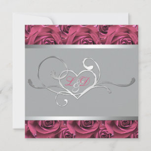 Grijs met roze rozen Monogrammed Invitation Kaart