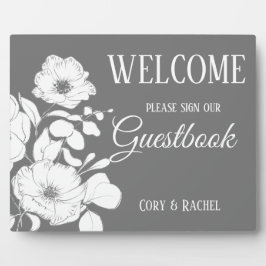 grijs met White Floral Wedding Guestbook Fotoplaat