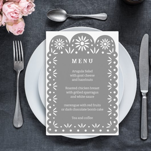 GRIJS MEXICAANS PAPEL PICADO-menu Aankondiging