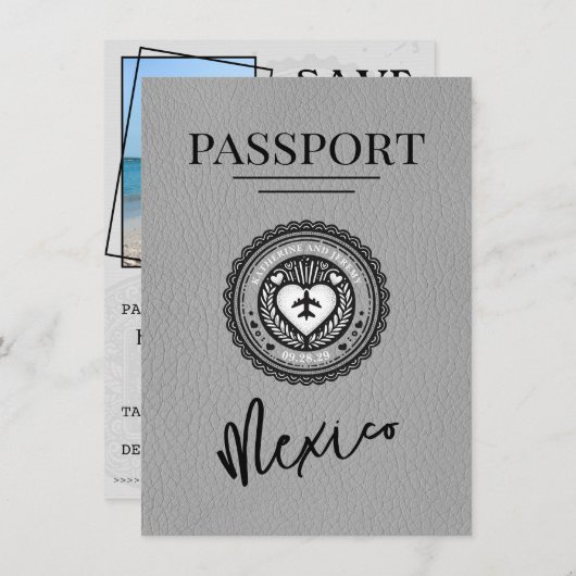 Grijs Mexico paspoort Bewaar de datum Save The Date (Voorkant / Achterkant)