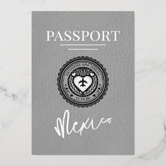 Grijs Mexico Passport Wedding Folie Uitnodiging (Voorkant)