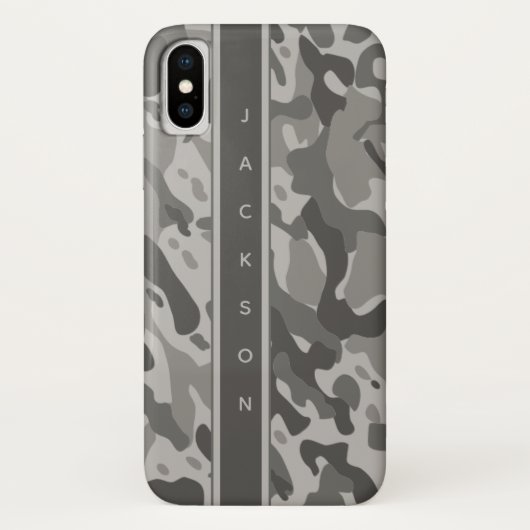 Grijs militair camouflagepatroon met naam Case-Mate iPhone case (Achterkant)