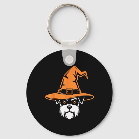 Grijs Miniature Schnauzer Heksenhoed Halloween Hon Sleutelhanger (Voorkant)