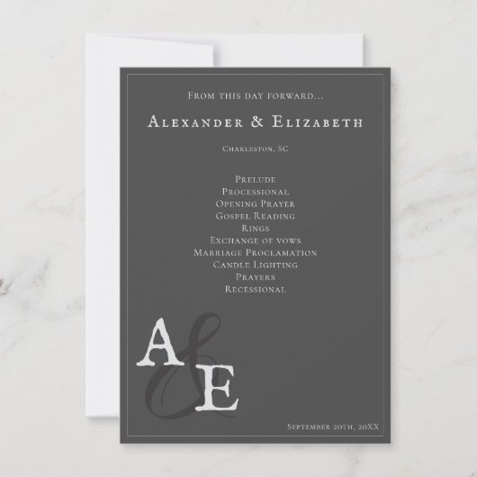 Grijs minimalistisch monogram huwelijksprogramma (Voorkant)