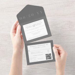 Grijs minimalistisch vet type bruiloft all in one uitnodiging