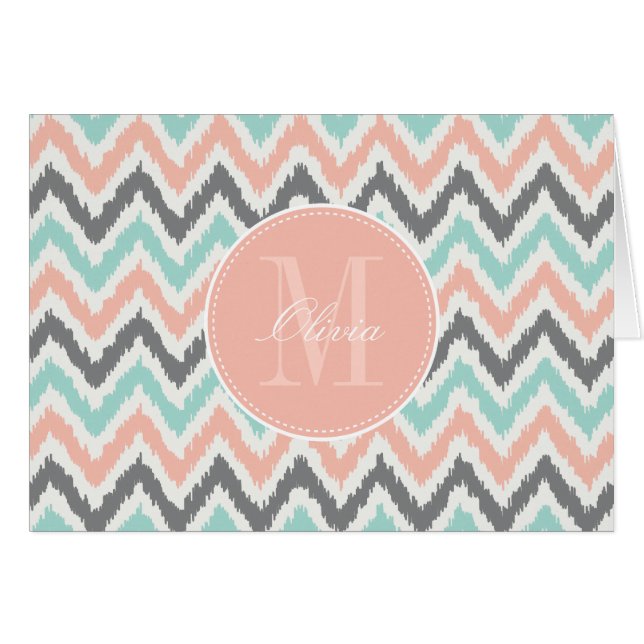 grijs Mint Peach Zigzag Ikat Patroon (Voorkant Horizontaal)