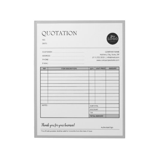 Grijs Modern Bedrijfs Citaat Factuur Verkoopformul Notitieblok (Linkerzijde)