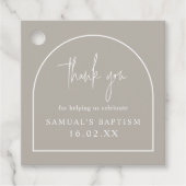 Grijs Modern Boog Minimalistisch doopplein Bedankjes Labels (Voorkant)