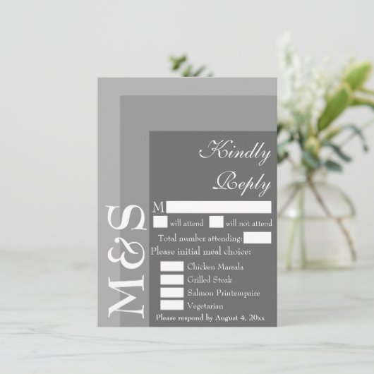 Grijs Modern Chic Script Bruiloft RSVP Kaart (Staand voorkant)