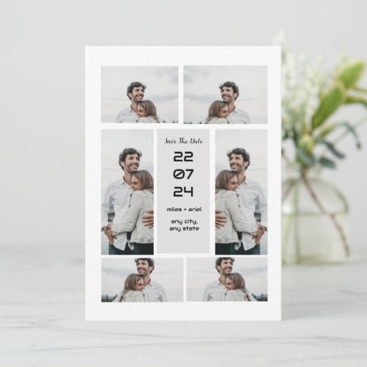 Grijs modern elegant fotocollage bewaar de datum kaart (Staand voorkant)